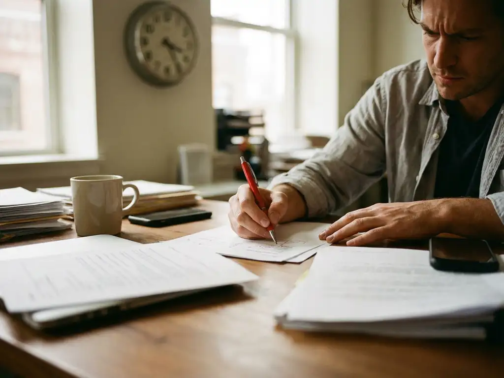 Gestresste projectmanager markeert herziene deadlines met rode pen op rommelig bureau vol documenten en tijdlijnen