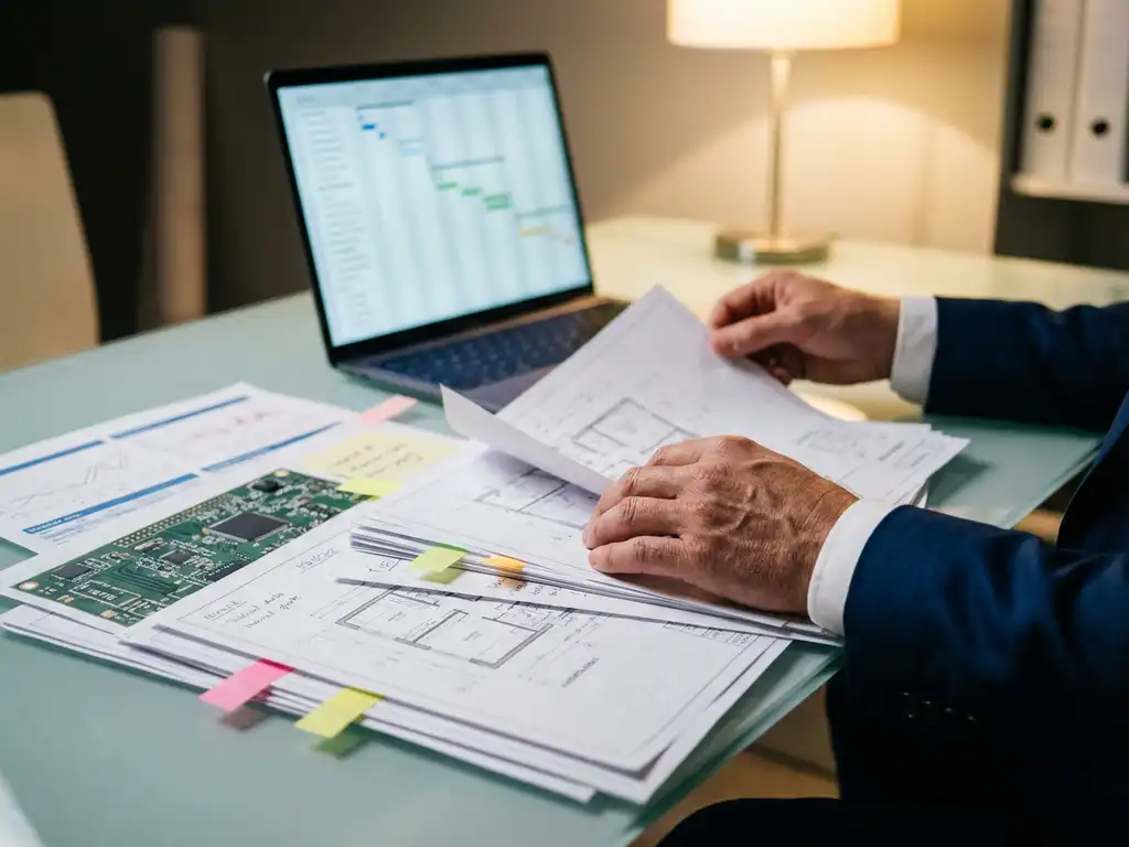 Professionele projectmanager in pak bekijkt documenten en blauwdrukken op glazen bureau met laptop op achtergrond