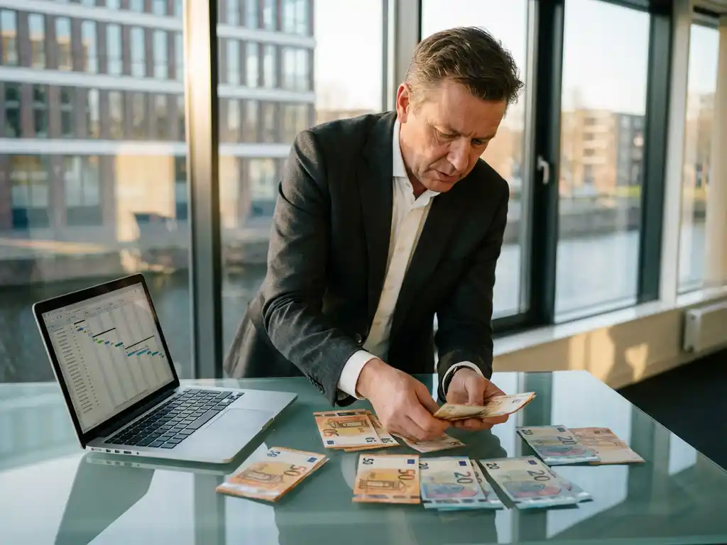 Projectmanager in pak telt eurobiljetten aan glazen bureau met laptop, kantoorgebouw op achtergrond, natuurlijk licht