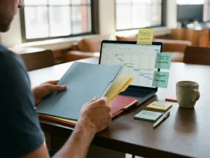 Projectmanager organiseert gekleurde mappen op vergadertafel met laptop met Gantt-diagram en sticky notes