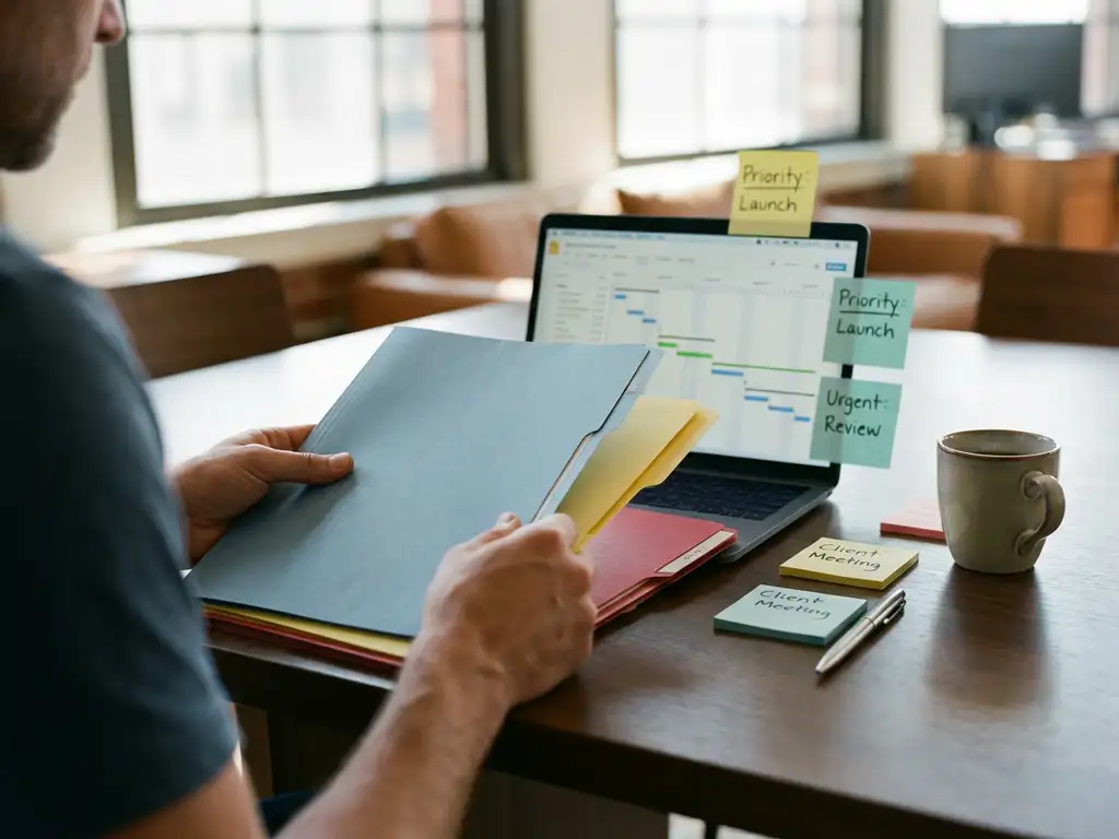 Projectmanager organiseert gekleurde mappen op vergadertafel met laptop met Gantt-diagram en sticky notes