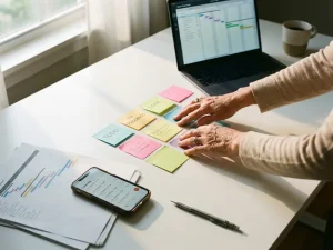 Projectmanager organiseert kleurrijke sticky notes en tijdlijndocumenten op bureau met laptop en Gantt chart zichtbaar