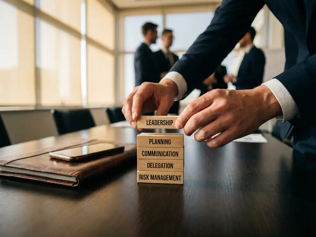 Projectmanager stapelt houten blokken tot toren op vergadertafel, met portfolio en smartphone, natuurlijk licht