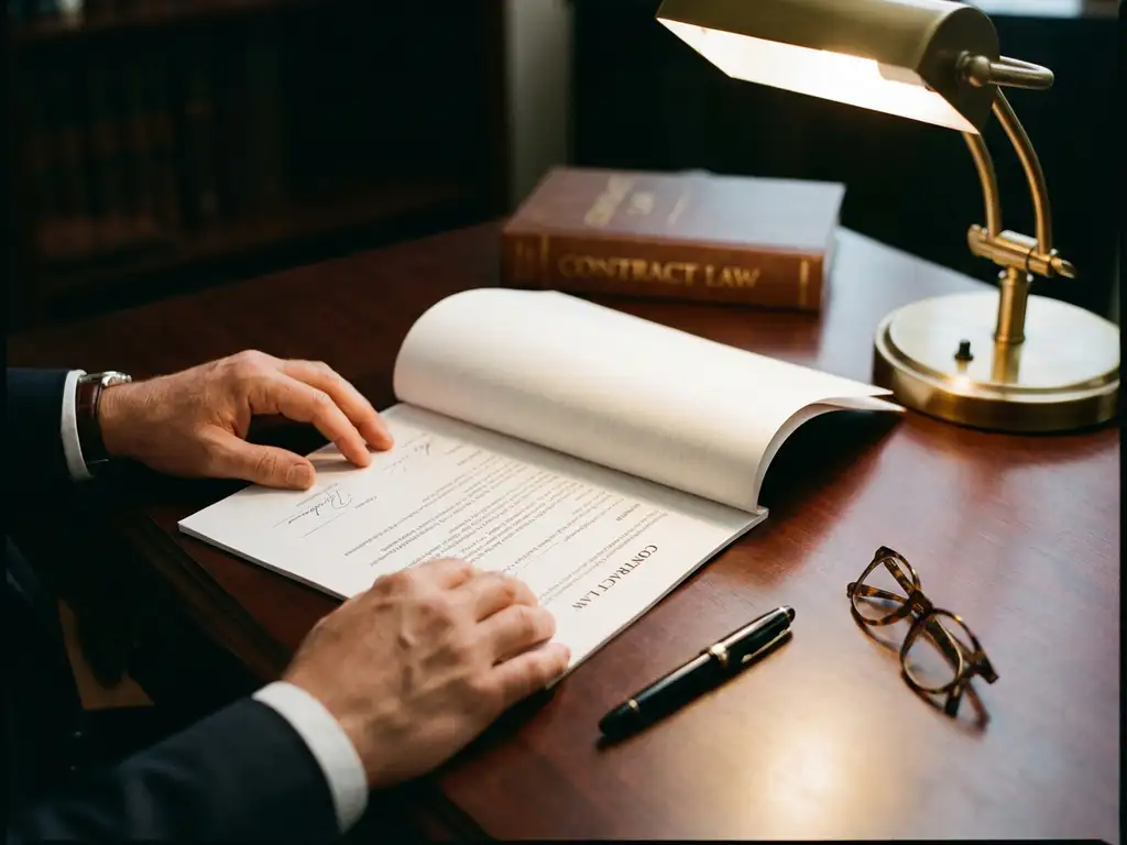 Projectmanager bekijkt juridisch contract op mahonie bureau met pen, bril en wetboek op achtergrond