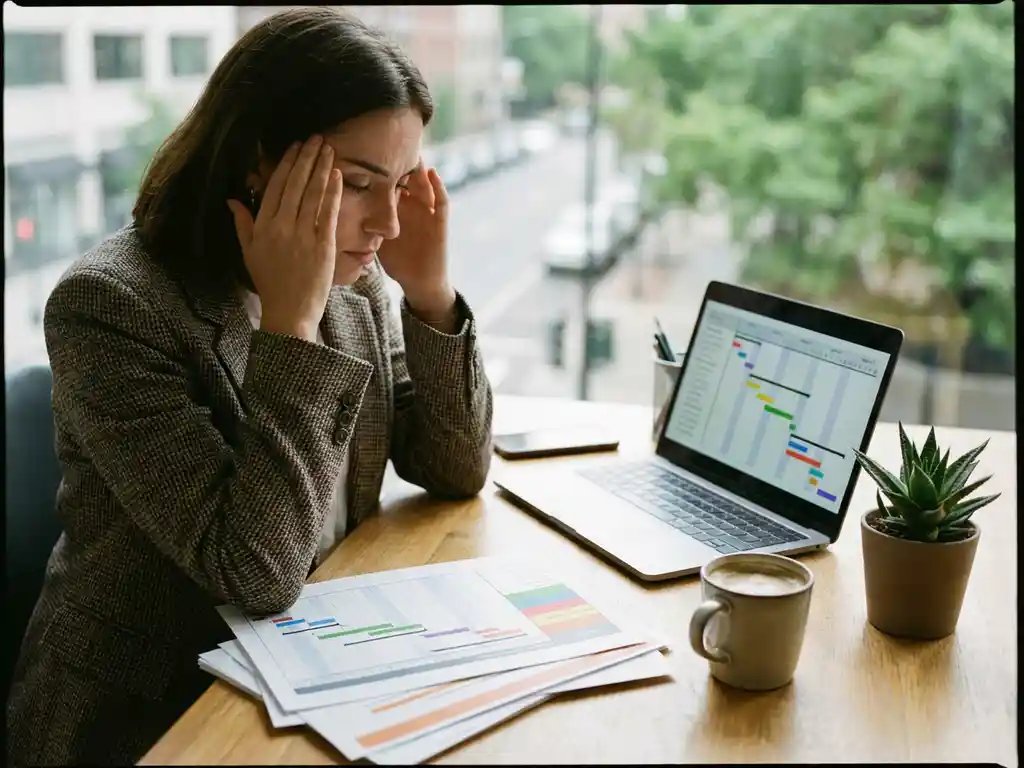 Professionele projectmanager in gedachten verzonken aan bureau met projectgrafieken, laptop en koffie in natuurlijk licht