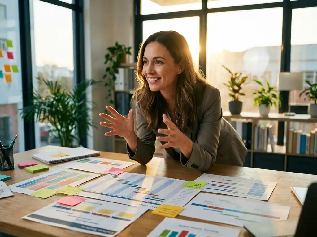 Zelfverzekerde projectmanager bekijkt enthousiast kleurrijke projectgrafieken aan modern bureau in licht kantoor