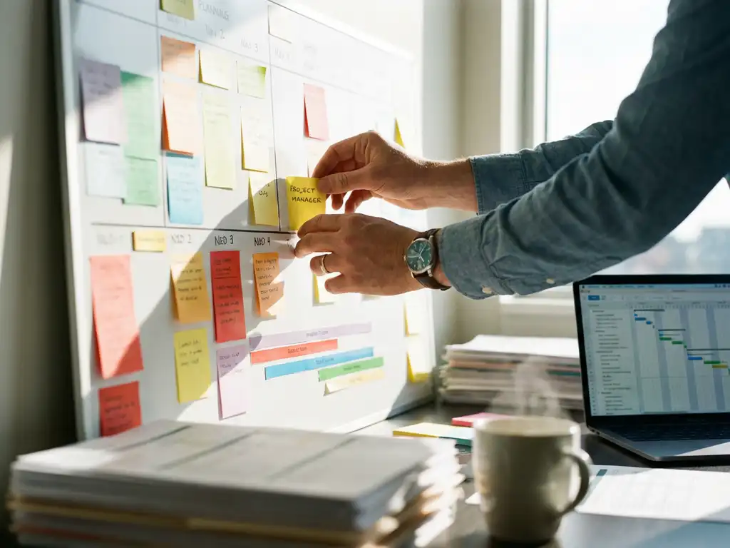 Projectmanager organiseert kleurrijke plaknotities op planningsbord met laptop met Gantt-diagram en koffie op bureau