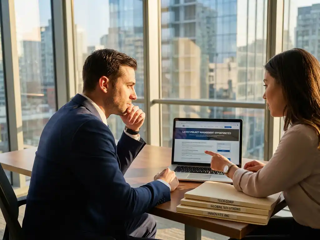 Projectmanager en recruiter bespreken vacatures op laptop in modern kantoor met natuurlijk licht door ramen