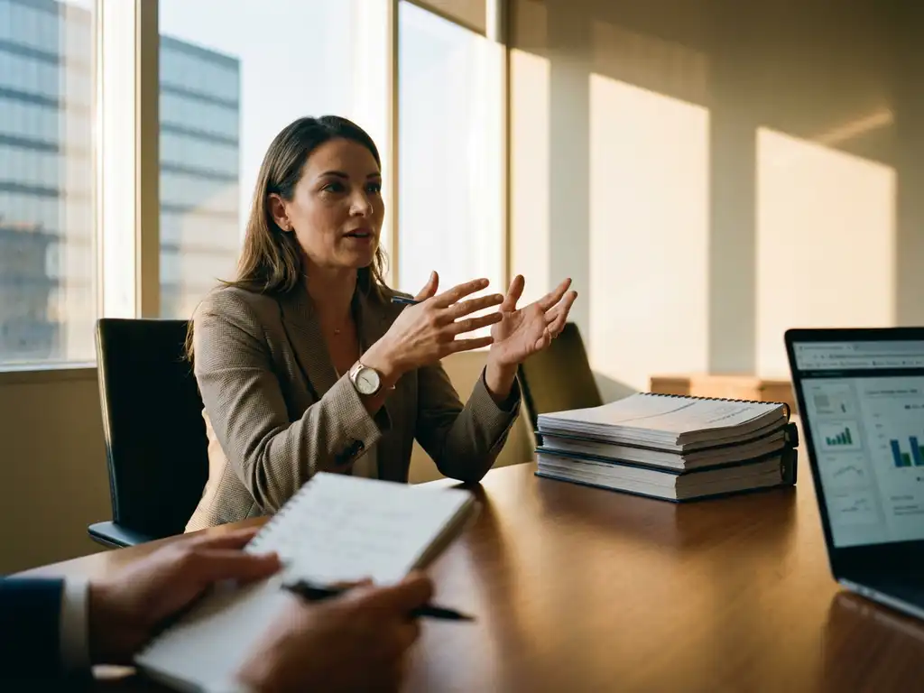 Professionele projectmanager in gesprek tijdens sollicitatiegesprek aan conferentietafel met laptop en documenten