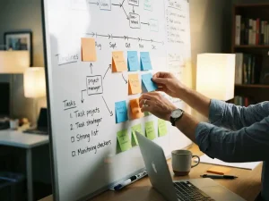 Projectmanager organiseert kleurrijke sticky notes op whiteboard met tijdlijnen, laptop en koffie op bureau