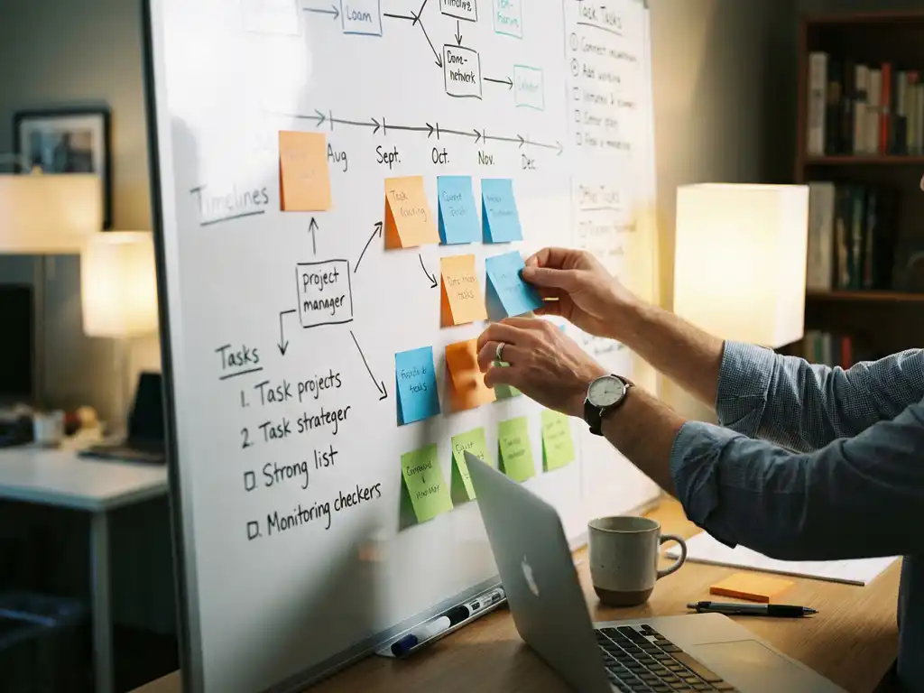 Projectmanager organiseert kleurrijke sticky notes op whiteboard met tijdlijnen, laptop en koffie op bureau