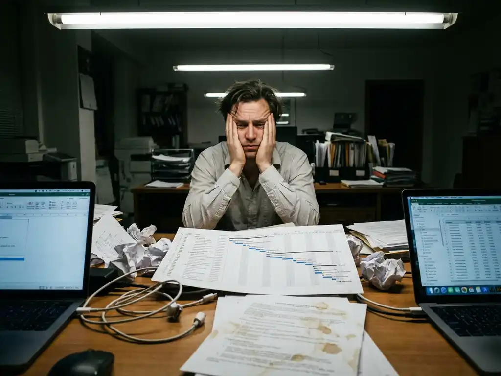 Gestresste projectmanager houdt hoofd in handen aan rommelig bureau met laptops, papieren en Gantt-schema