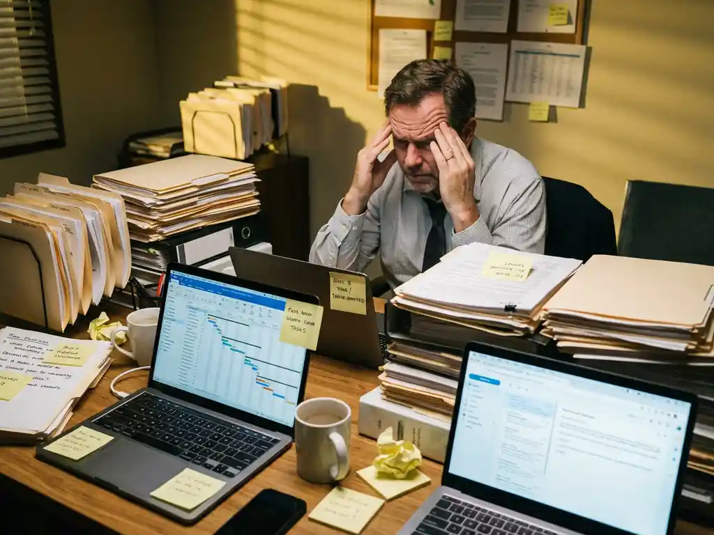 Gestresste projectmanager met handen tegen slapen zit aan rommelig bureau vol documenten, laptops en koffiekopjes