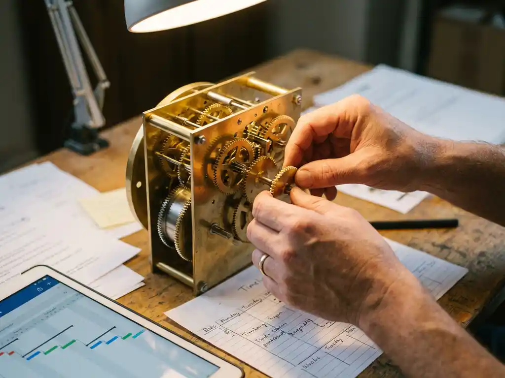 Projectmanager plaatst tandwiel in draaiend uurwerkmechanisme, met projectdocumenten op bureau, warme verlichting