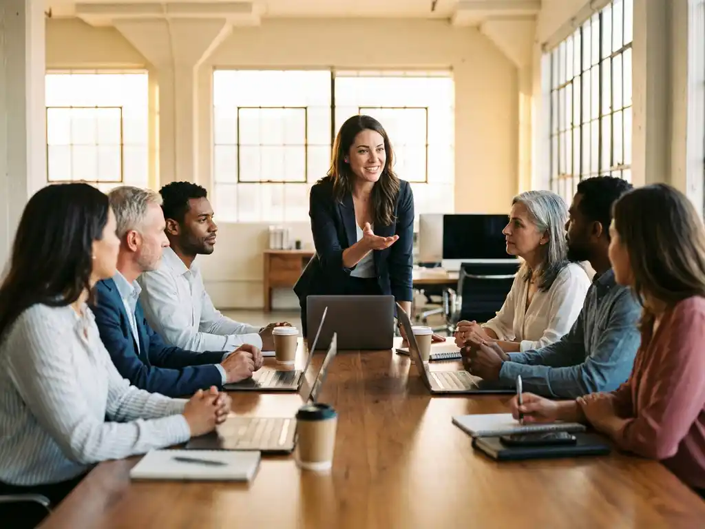 Projectmanager leidt teamvergadering met diverse professionals rond moderne conferentietafel in kantoor