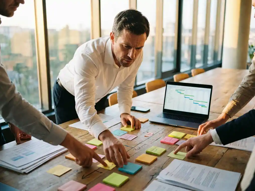 Projectmanager coördineert met sticky notes en tijdlijnen op conferentietafel, laptop toont Gantt-chart, teamleden helpen