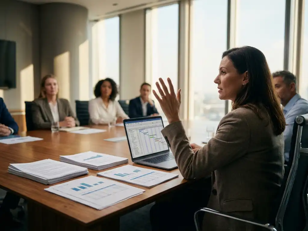 Professionele projectmanager leidt teamvergadering met Gantt-grafiek op laptop en projectdocumenten op moderne conferentietafel