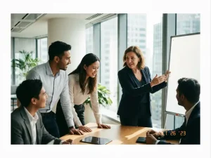 Zelfverzekerde projectmanager leidt teamvergadering aan moderne conferentietafel met betrokken collega's in kantoor