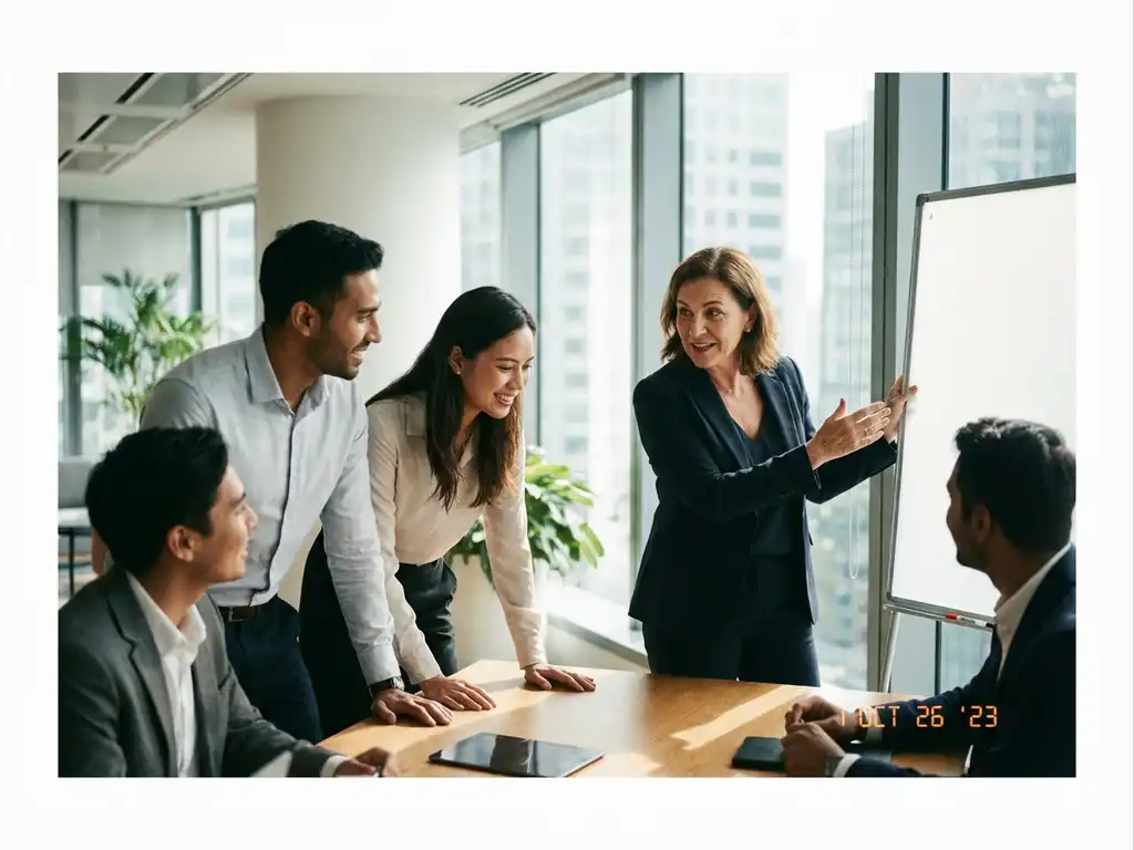 Zelfverzekerde projectmanager leidt teamvergadering aan moderne conferentietafel met betrokken collega's in kantoor