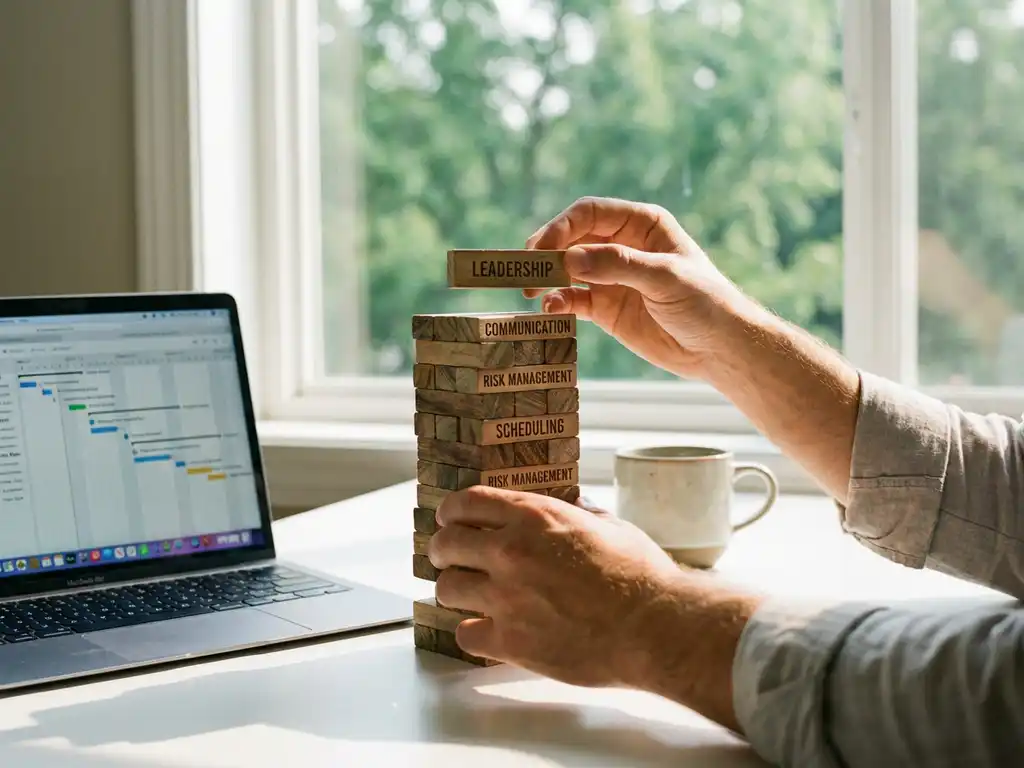 Professionele projectmanager stapelt houten blokken tot toren op wit bureau, laptop en koffie op achtergrond