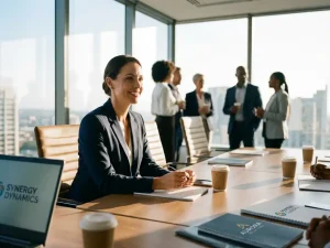 Professionele projectmanager in pak zit aan moderne vergadertafel met laptops en collega's op achtergrond