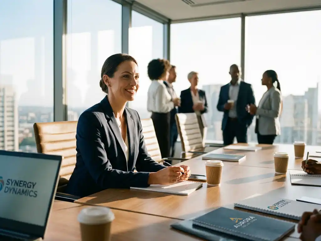 Professionele projectmanager in pak zit aan moderne vergadertafel met laptops en collega's op achtergrond