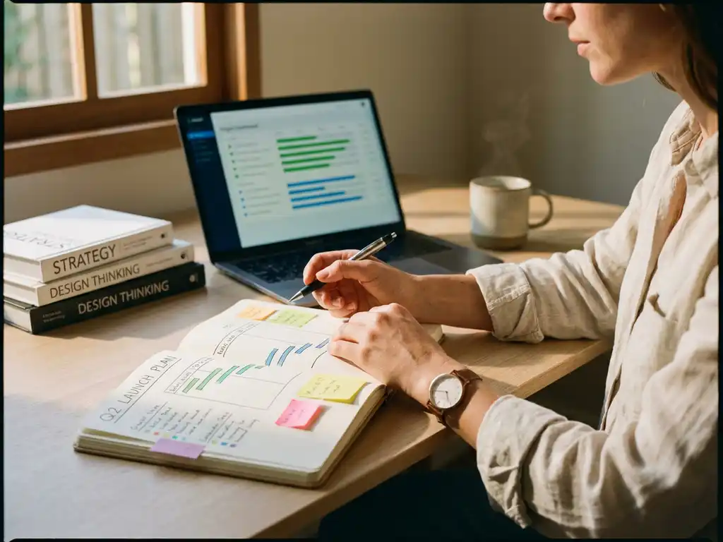 Professionele handen over open projectplanningsboek met grafieken, laptop met dashboard en koffie op moderne werkplek