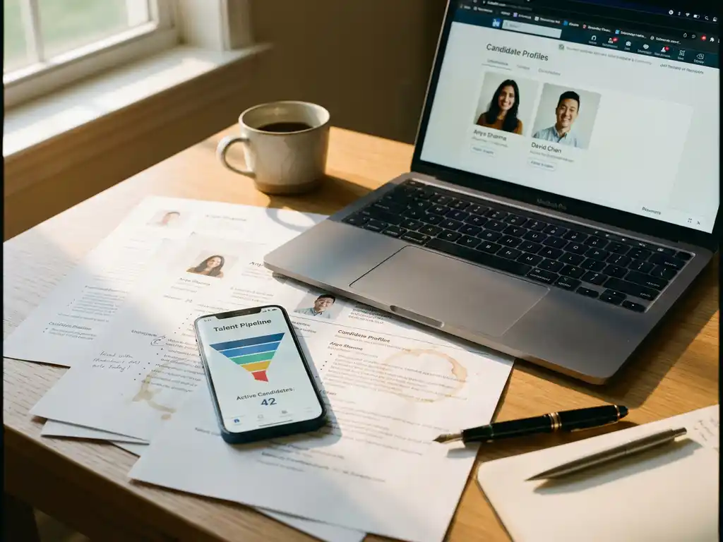 Bovenaanzicht van recruiter bureau met laptop met kandidaatprofielen, papieren cv's, smartphone en koffiekop