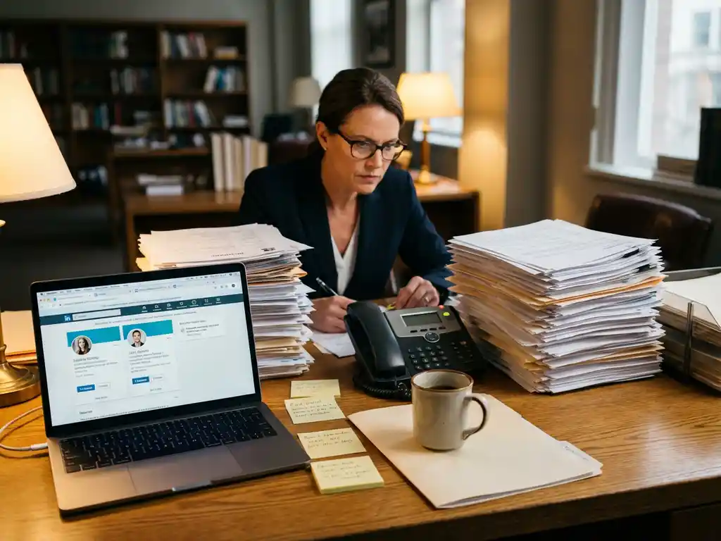 Professionele recruiter aan bureau met stapels cv's, laptop met kandidaatprofielen en rinkende telefoon in druk kantoor