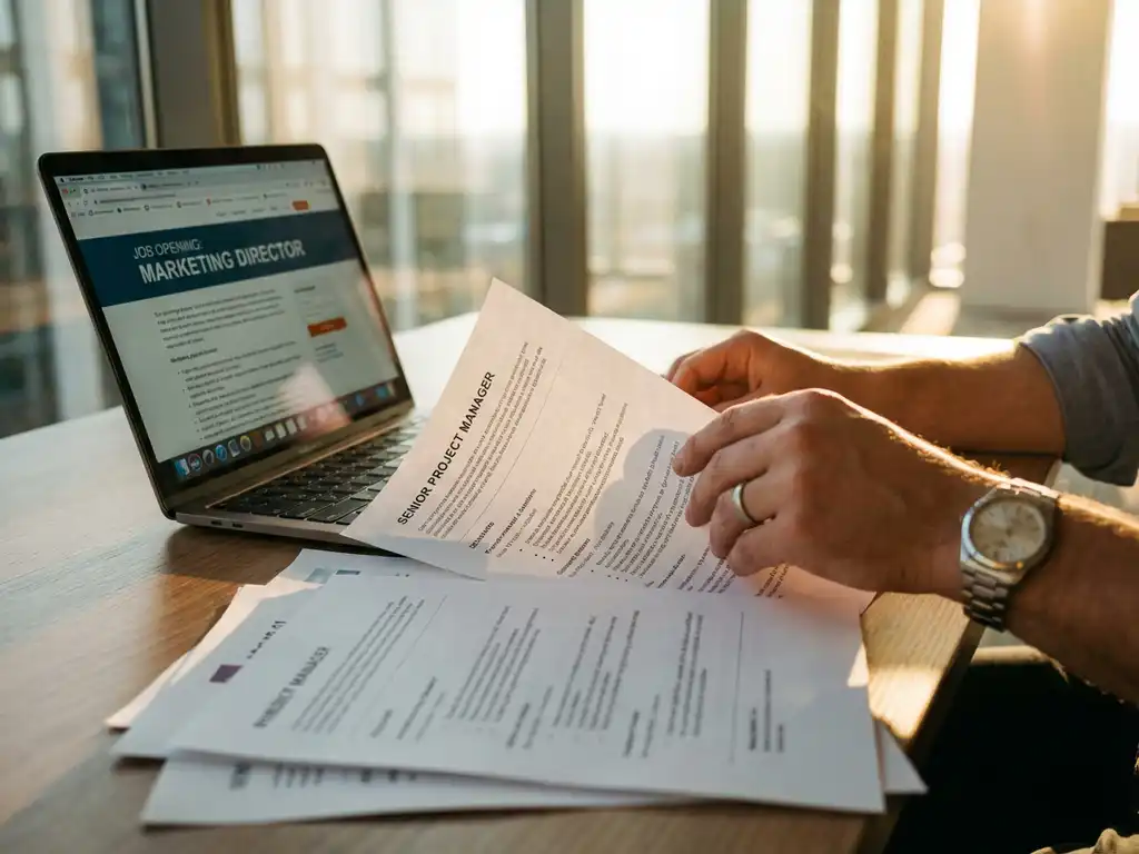 Recruiter bekijkt cv's op bureau met laptop met vacature, natuurlijk licht door ramen, professionele kantooromgeving