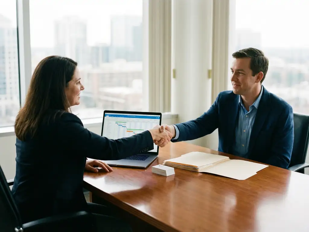 Professionele recruiter en projectmanager kandidaat schudden handen tijdens sollicitatiegesprek aan vergadertafel