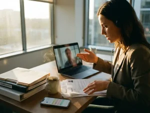 Professionele recruiter voert videogesprek uit terwijl ze cv's beoordeelt aan modern kantoorbureau met portfolio's