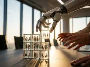 Robotarm plaatst laatste stuk in glazen projecttijdlijn met kantoormedewerkers, gouden licht door ramen