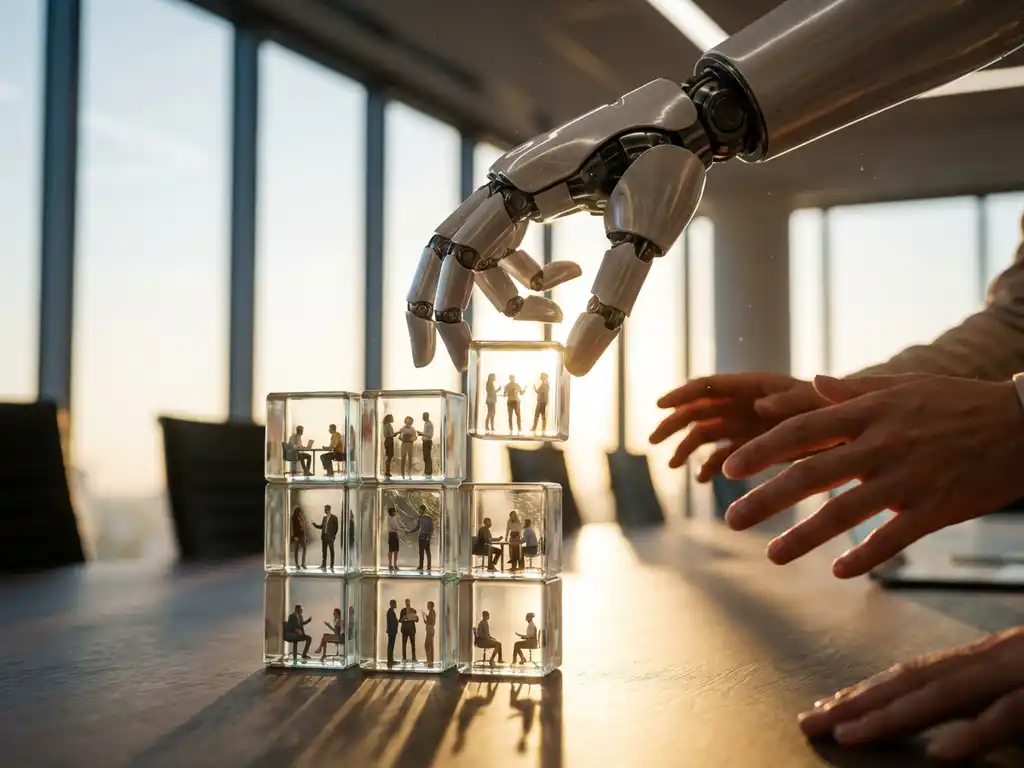 Robotarm plaatst laatste stuk in glazen projecttijdlijn met kantoormedewerkers, gouden licht door ramen