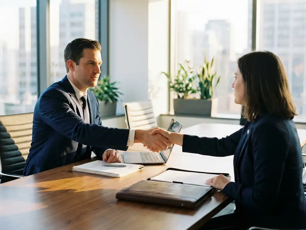 Professionele handdruk tussen kandidaat in marineblauw pak en HR-manager aan houten conferentietafel met salarisonderhandelingsdocumenten