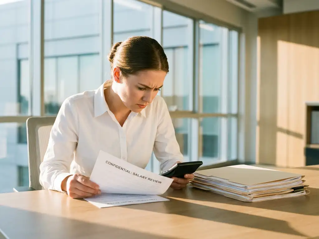 Professionele vrouw bekijkt salarisdocument aan bureau met calculator en HR-papierwerk in modern kantoor
