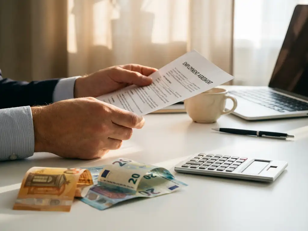 HR-manager houdt salaris contract vast met eurobiljetten en rekenmachine op wit bureau, koffiekop en pen ernaast