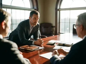 Projectmanager in pak onderhandelt assertief met leidinggevenden aan conferentietafel met salarisdocumenten