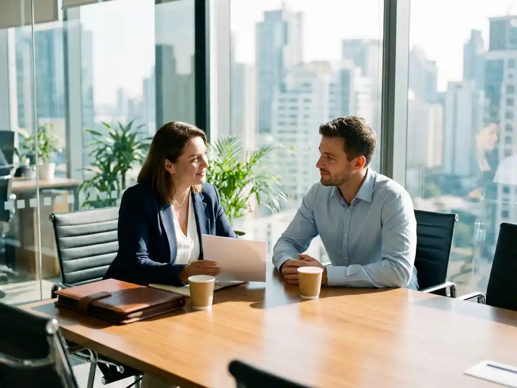 HR-manager en sollicitant in gesprek aan conferentietafel in modern kantoor met stadsgezicht op achtergrond