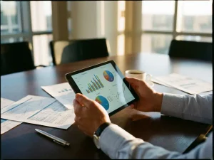Professionele handen houden tablet met kleurrijke analytics grafieken boven conferentietafel met rapporten