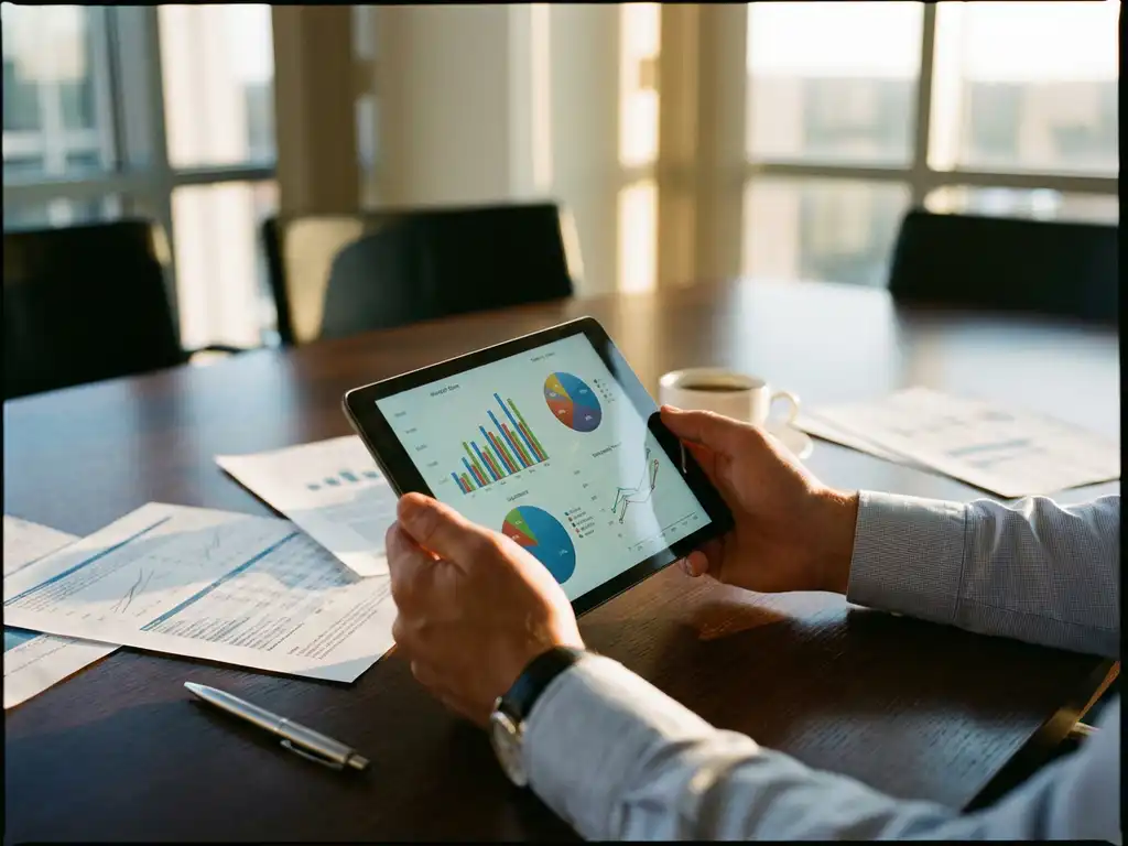 Professionele handen houden tablet met kleurrijke analytics grafieken boven conferentietafel met rapporten