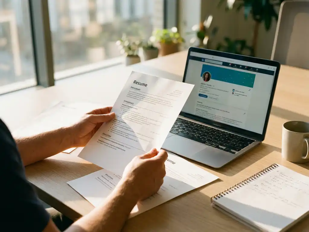 Talent acquisition specialist bekijkt cv's aan bureau met laptop met LinkedIn-profielen en notities in natuurlijk licht