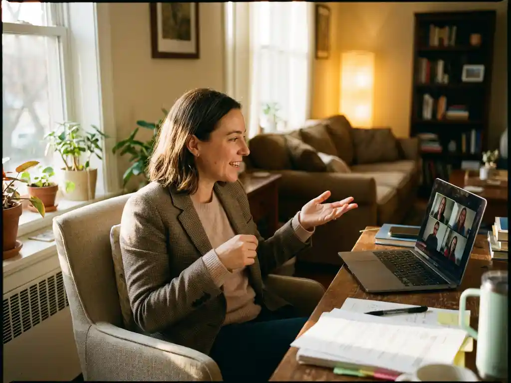 Professionele vrouw in videovergadering vanuit thuiskantoor met laptop, collega's op scherm, huisplanten op achtergrond