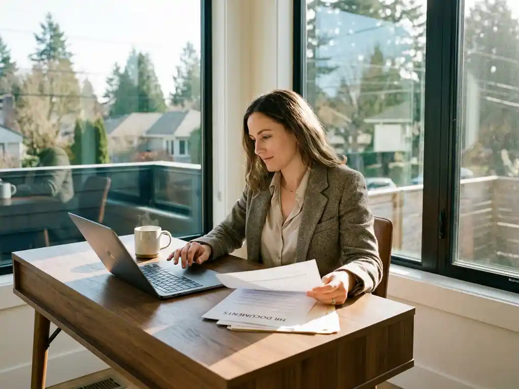Professionele vrouw in pak werkt aan laptop op thuiskantoor bureau met koffie, natuurlijk licht door ramen