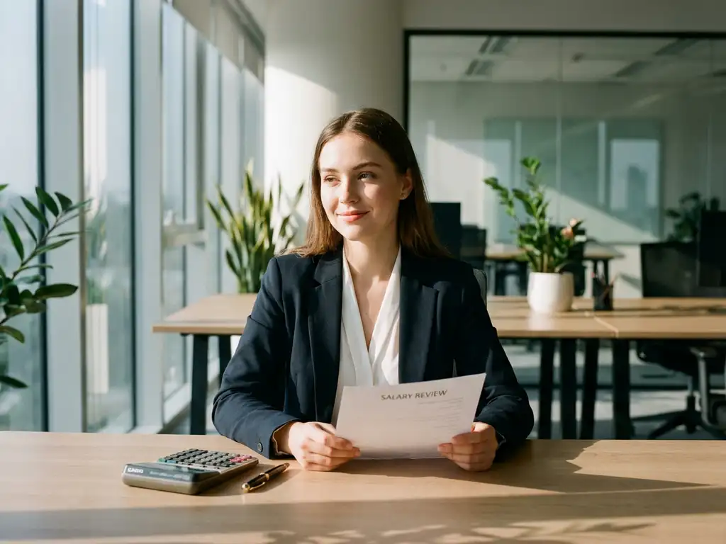 Jonge zakenvrouw bekijkt salarispapieren met tevreden glimlach aan modern kantoorbureau bij raam