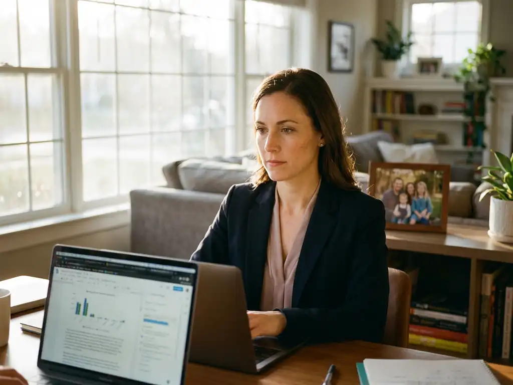 Professionele vrouw werkt op laptop aan moderne thuiswerkplek met familiefoto, warme zonlicht door groot raam