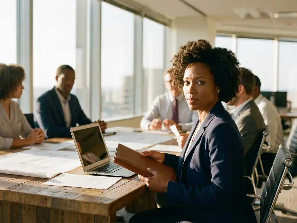 Zelfverzekerde zakenvrouw met portfolio staat aan het hoofd van vergadertafel met laptop en documenten in modern kantoor