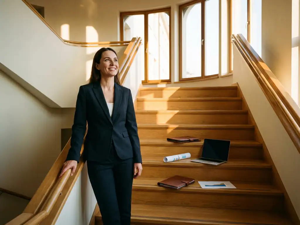 Professionele vrouw in pak bij houten trap met projectmanagement tools, kijkt omhoog naar licht kantoor