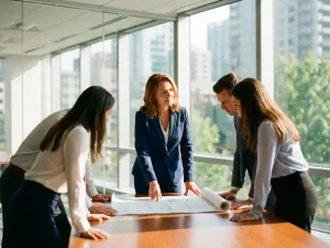 Professionele vrouw in pak presenteert bouwplannen aan team rond moderne vergadertafel in lichte kantoorruimte
