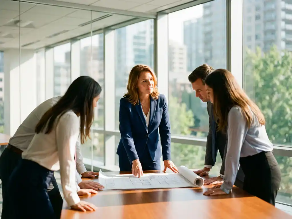 Professionele vrouw in pak presenteert bouwplannen aan team rond moderne vergadertafel in lichte kantoorruimte